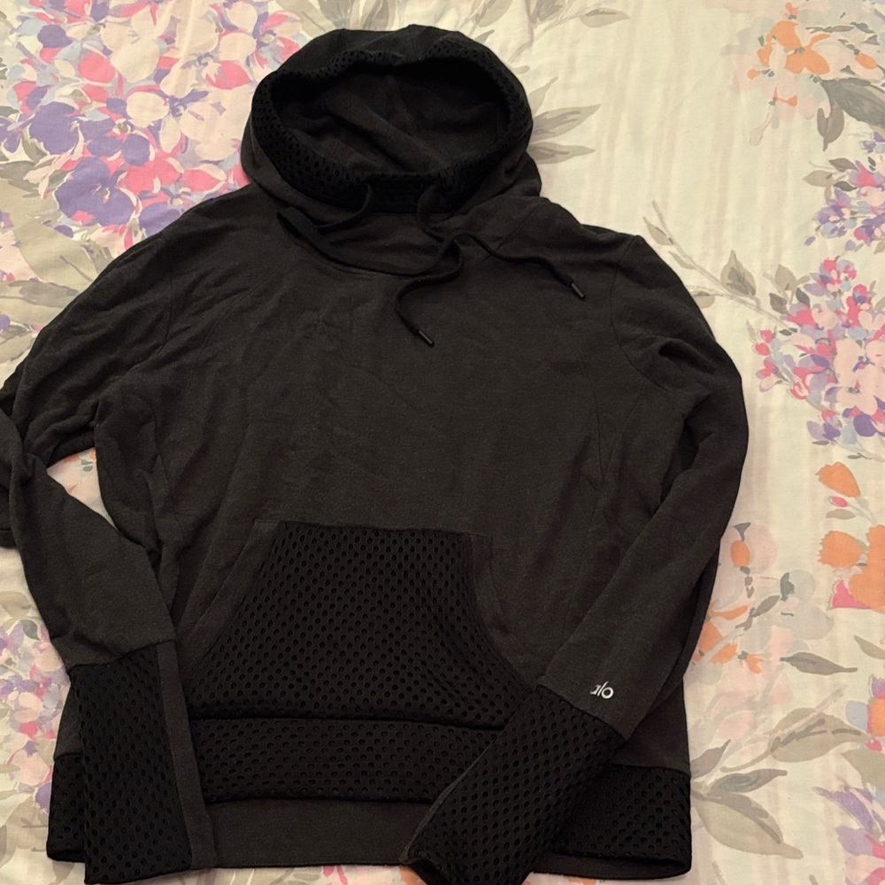 ALO Yoga Charcoal Hoodie with Black Mesh Accents